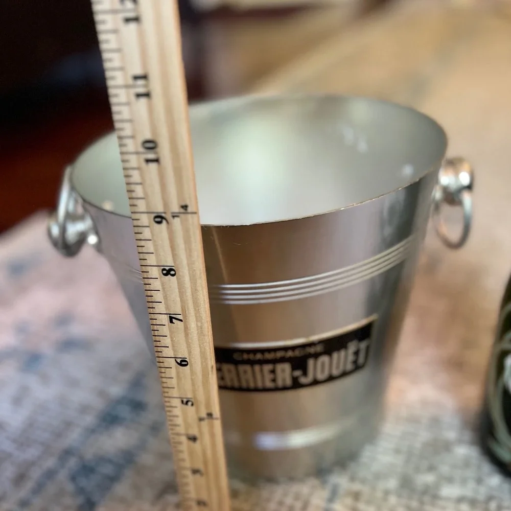 Perrier-Jouet Champagne Ice Bucket Brushed Aluminum Silver Ring Handles 8 Inch